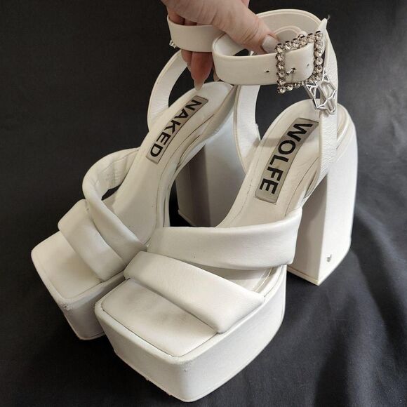 RARE ♡ Naked Wolfe ♡ Jingle Platform Strappy Sandal Heels in White - Picture 2 of 8